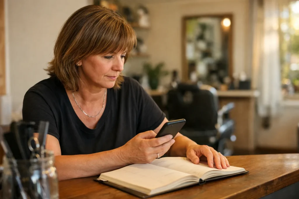Besitzer eines Friseursalons betrachtet neben einem geöffneten Terminbuch ein Telefon.