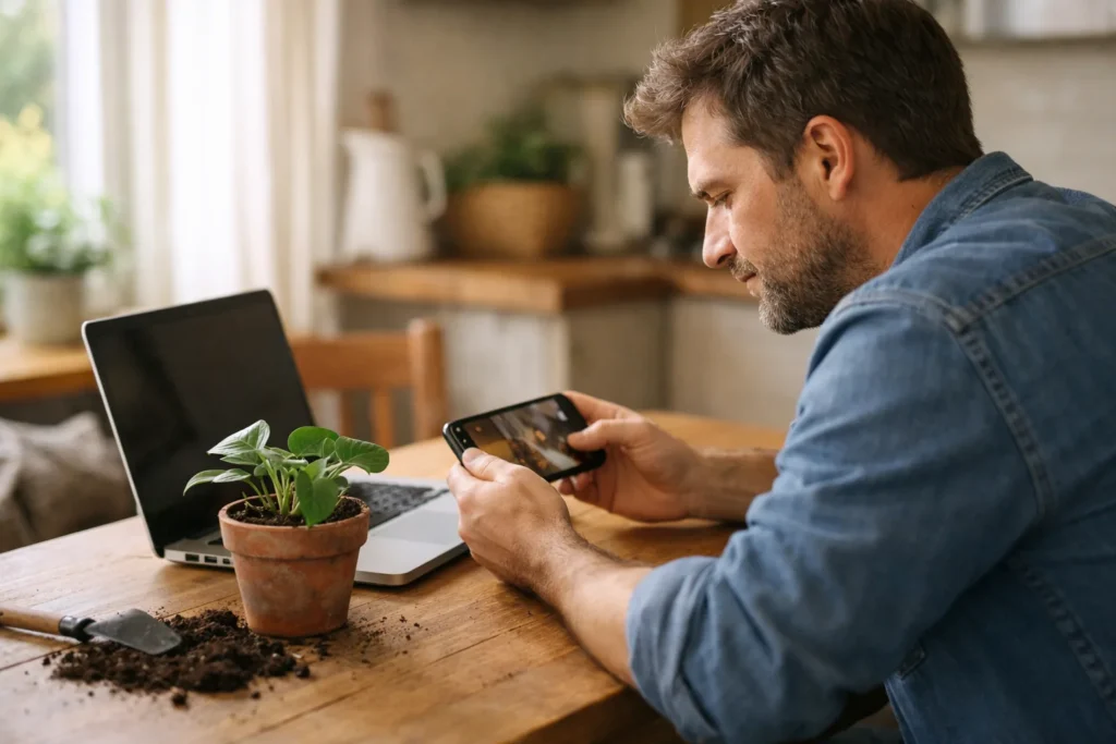 Person betrachtet ein eigenes Video auf einem Smartphone am Küchentisch, neben einem Laptop und einer Zimmerpflanze.