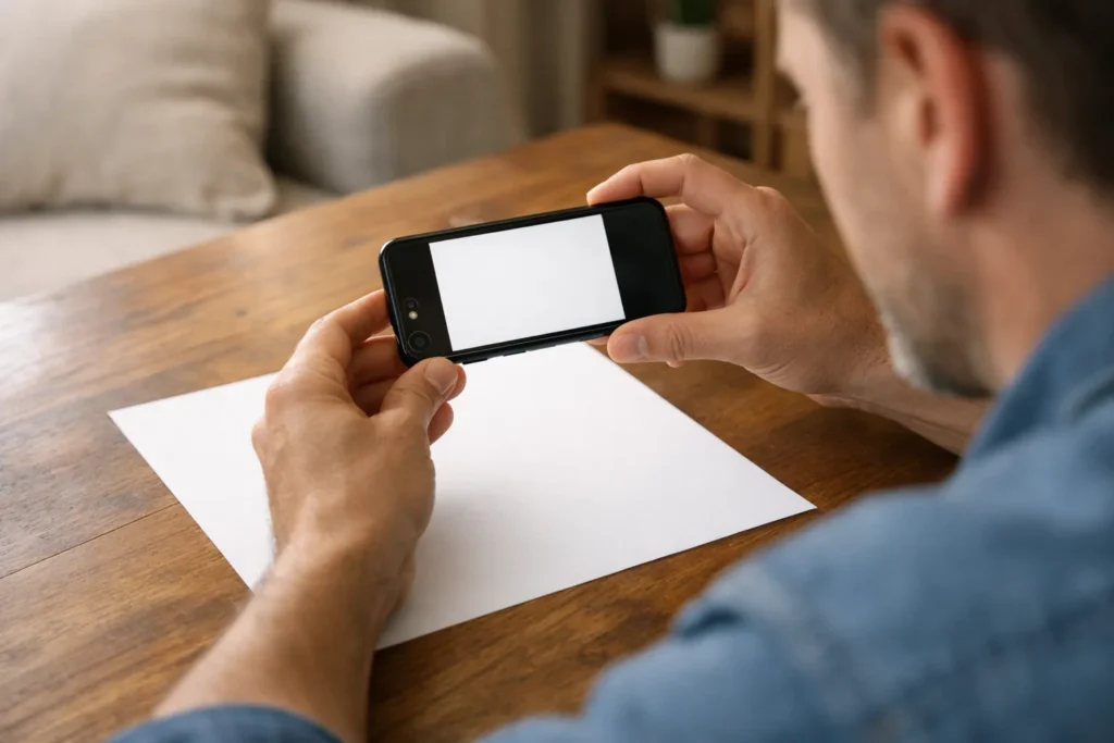 Jemand fotografiert ein leeres Blatt Papier, um ein einfaches TikTok Profilbild zu erstellen.