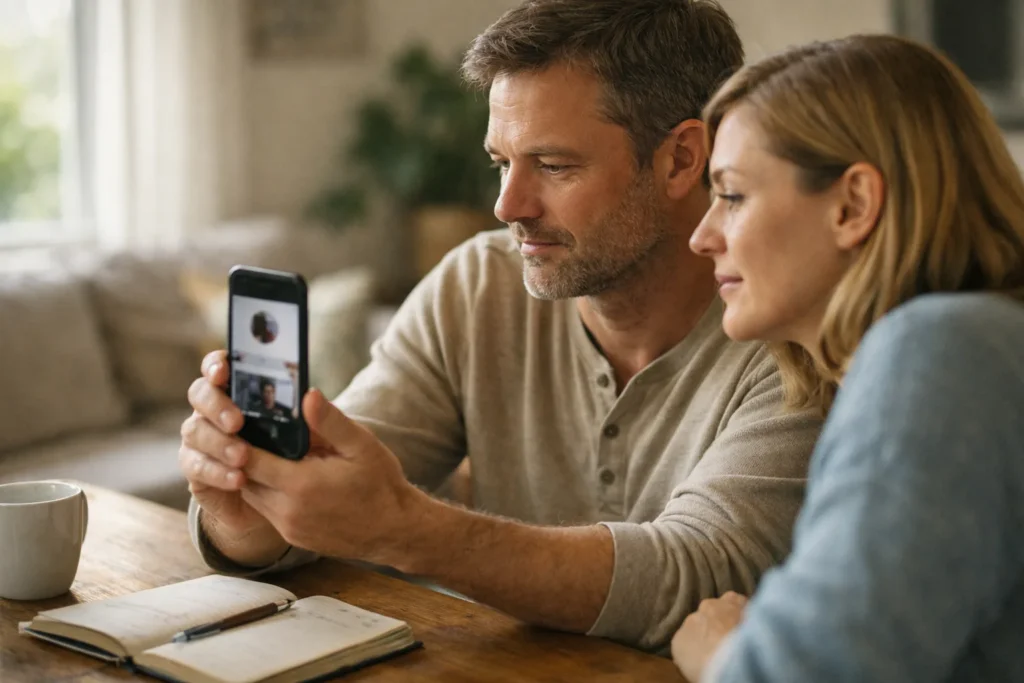 Eine Person betrachtet gemeinsam mit jemandem ein Smartphone, um Beweise für ein Fake Profil zu sichern.