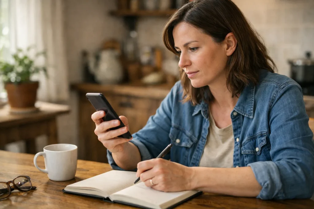 Person betrachtet ein Telefon, während ein Stift und ein Notizbuch bereitliegen, um Daten für eine Kontomeldung zu sichern.