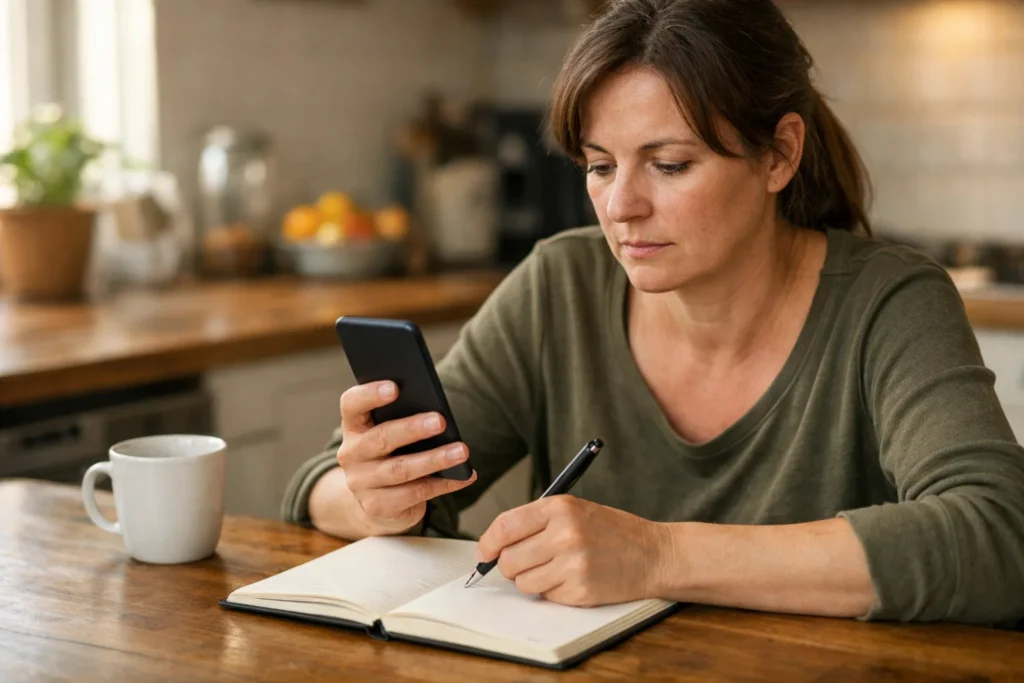 Person betrachtet ein Telefon mit einem danebenliegenden Notizbuch, um einen Online Vorfall festzuhalten.