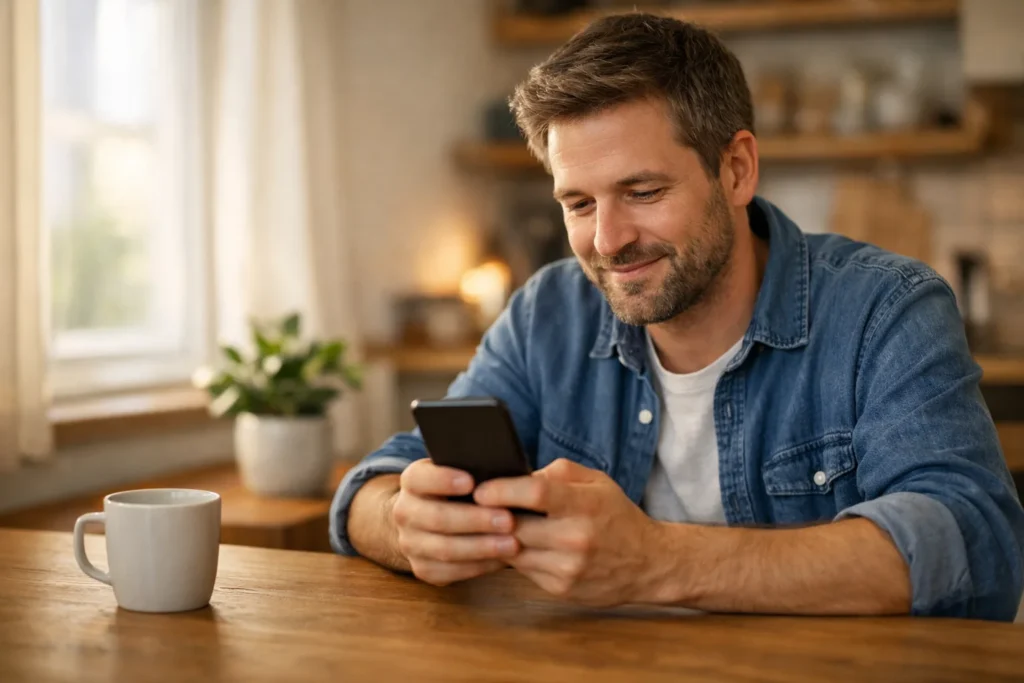 Person am Küchentisch, die ein Smartphone verwendet, um einen Beitrag zu teilen.