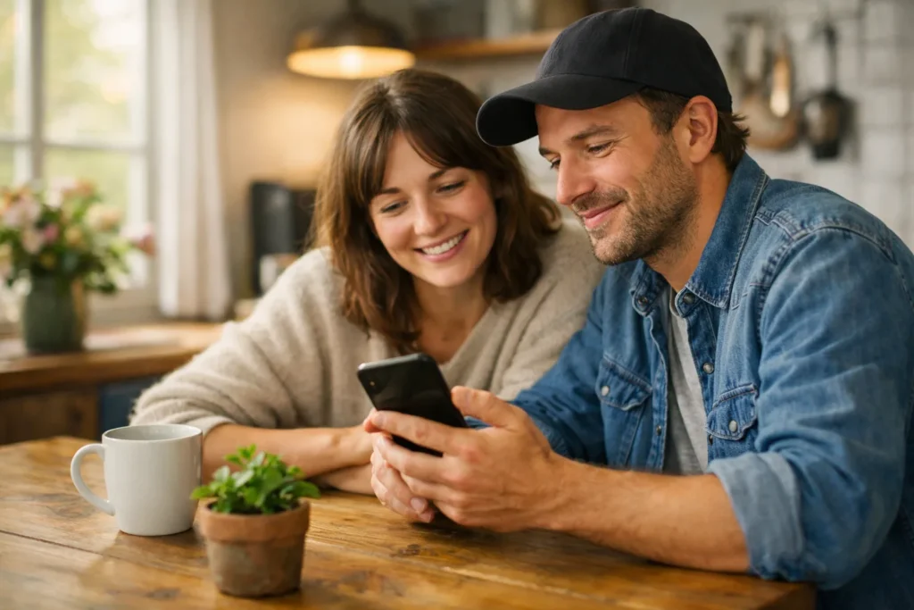Zwei Menschen betrachten gemeinsam an einem Küchentisch ein Smartphone, um ein Foto zu teilen.