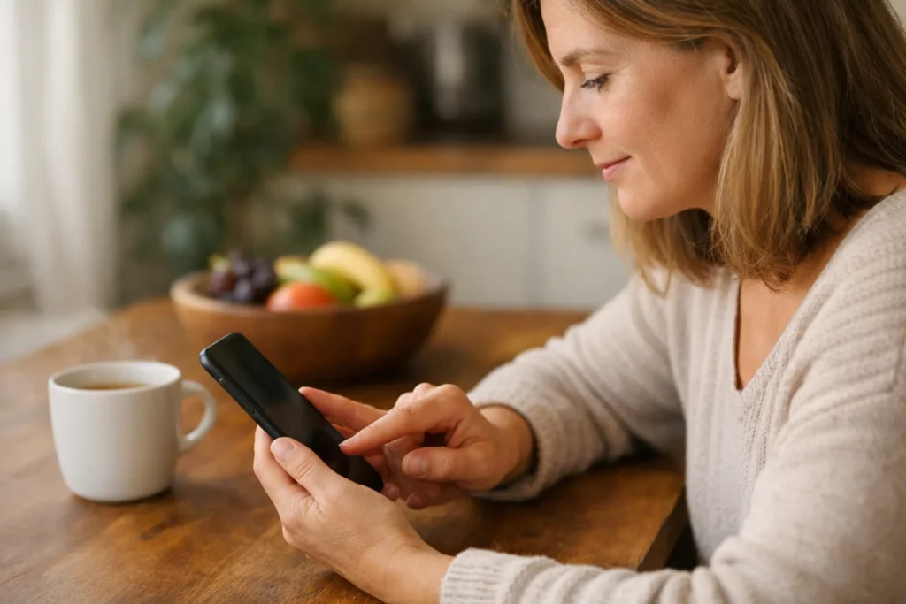 Person am Küchentisch, die ein Video auf einem Smartphone teilt.