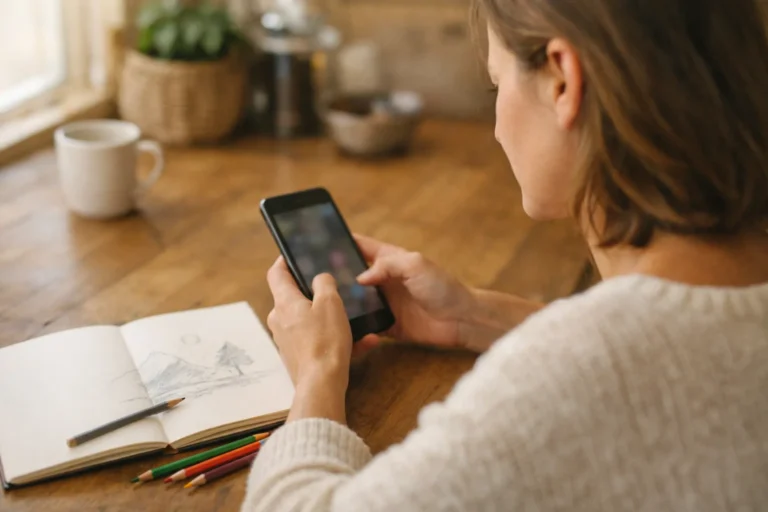 Person betrachtet am Küchentisch ein Smartphone, daneben liegen ein Skizzenbuch und Buntstifte.