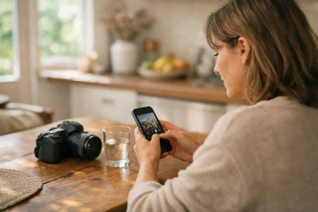 Person am Küchentisch, die auf einem Smartphone einen Instagram Beitrag für später vorbereitet.