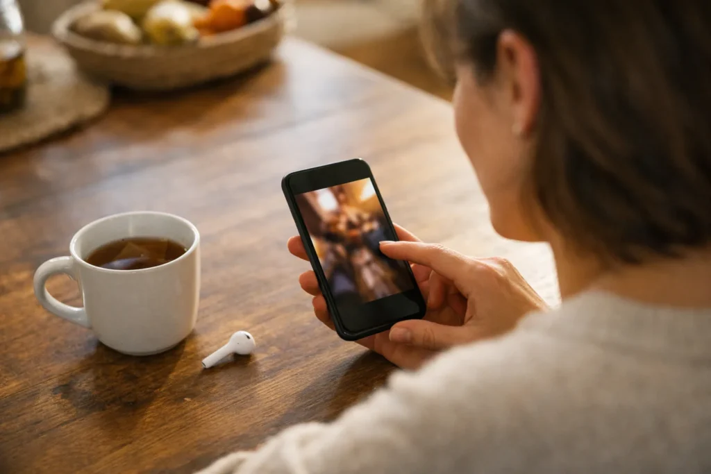 Person betrachtet ein gespeichertes Video auf dem Smartphone am Küchentisch.