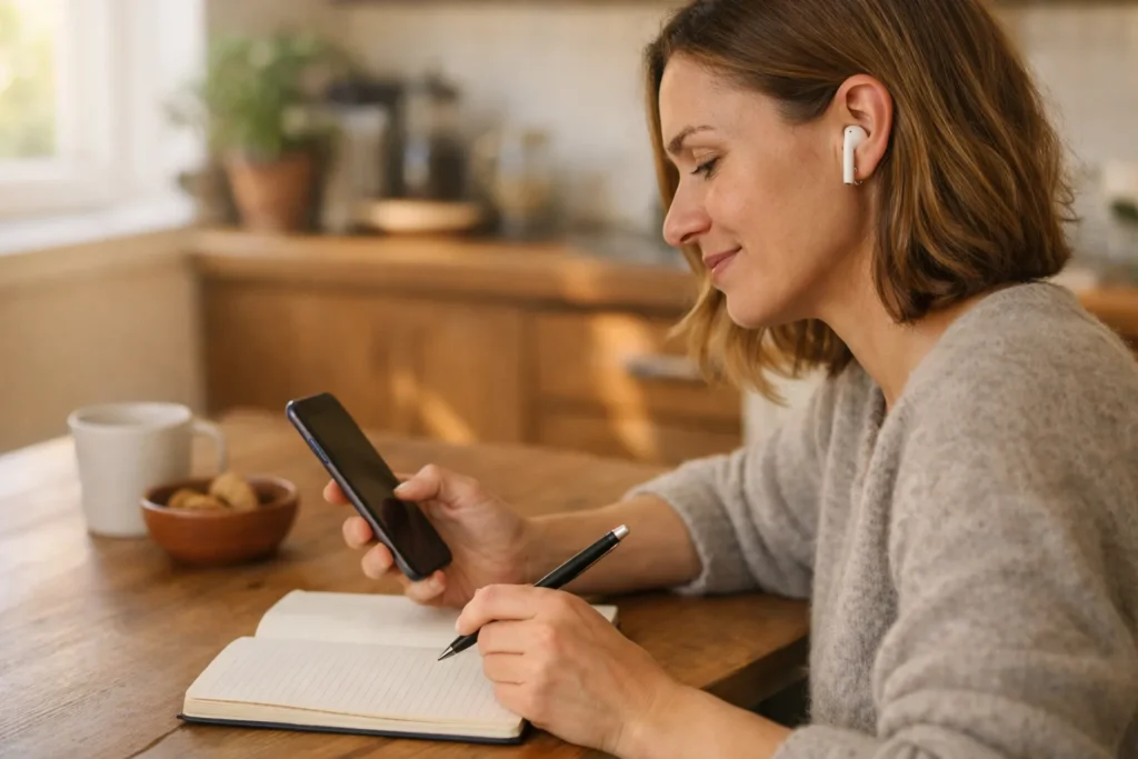 Person hört mit Ohrhörern an einem Küchentisch Musik auf einem Smartphone.
