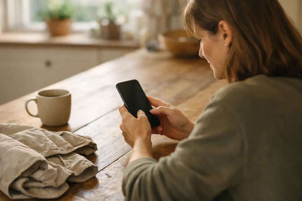 Eine Person betrachtet zu Hause ein Smartphone, um eine eigene TikTok Story zu speichern.