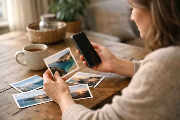Eine Person bereitet am Küchentisch einen Instagram Beitrag mit Urlaubsfotos vor.