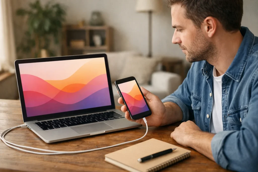 Jemand bereitet zu Hause eine Bildschirmfreigabe mit einem Smartphone neben einem Laptop vor.