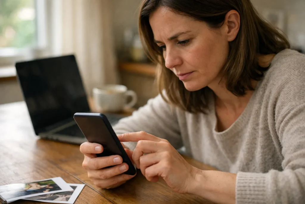 Eine Person sucht am Küchentisch auf einem Smartphone nach einem verschwundenen Instagram Foto.