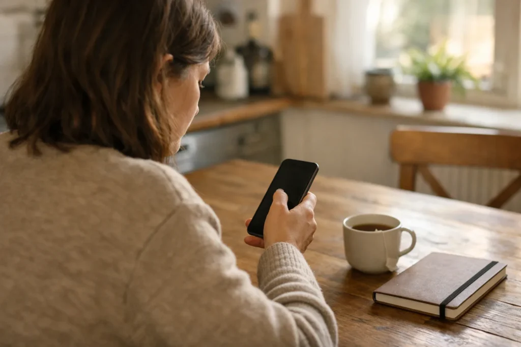 Person am Küchentisch, die auf einem Telefon nach einer alten Instagram Story sucht.
