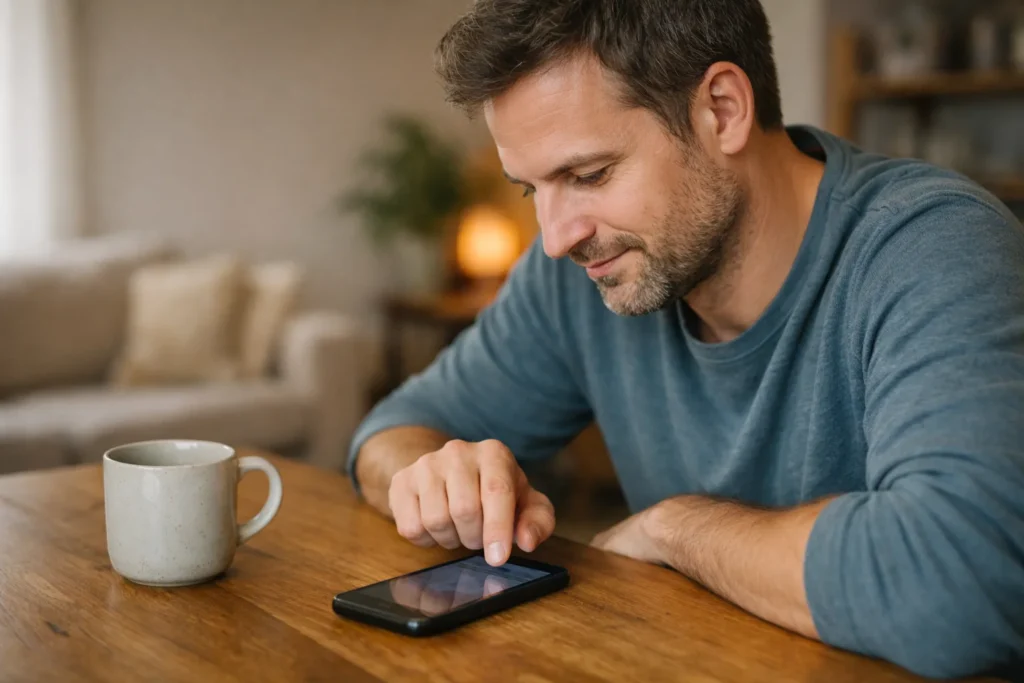 Person, die zu Hause am Tisch auf einem Smartphone nach früheren Facebook Likes sucht.