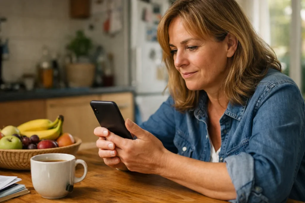 Person am Küchentisch, die auf einem Telefon Beiträge von Freunden ansieht.