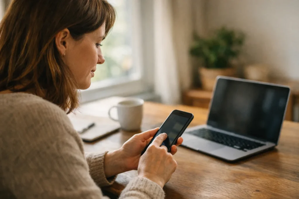 Eine Person betrachtet am Esstisch Beiträge auf einem Smartphone, daneben steht ein Laptop.
