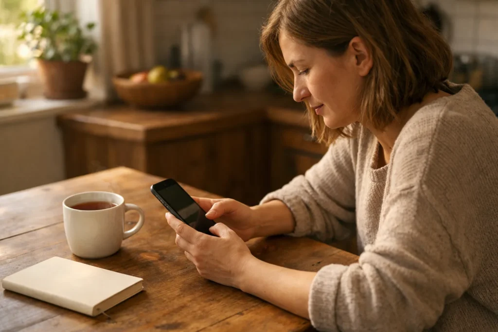 Person sucht am Küchentisch auf einem Smartphone nach einem zuvor gelikten Beitrag.
