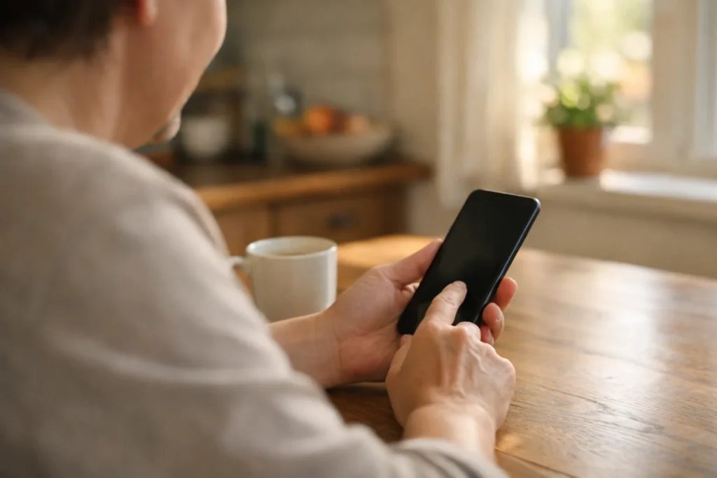 Person am Küchentisch, die auf ein Smartphone schaut.