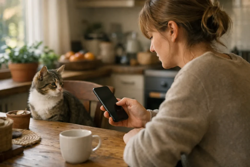 Jemand betrachtet am Küchentisch ein Smartphone, während eine Katze auf dem Stuhl daneben sitzt.