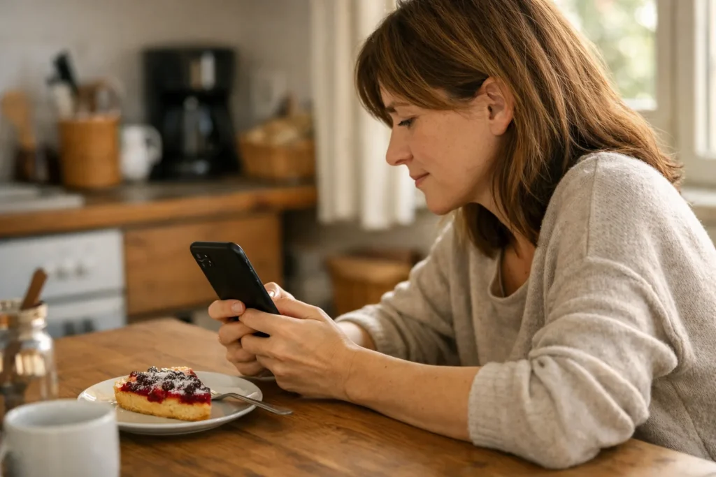 Person betrachtet am Küchentisch ein Smartphone; daneben steht ein selbst gebackener Kuchen.