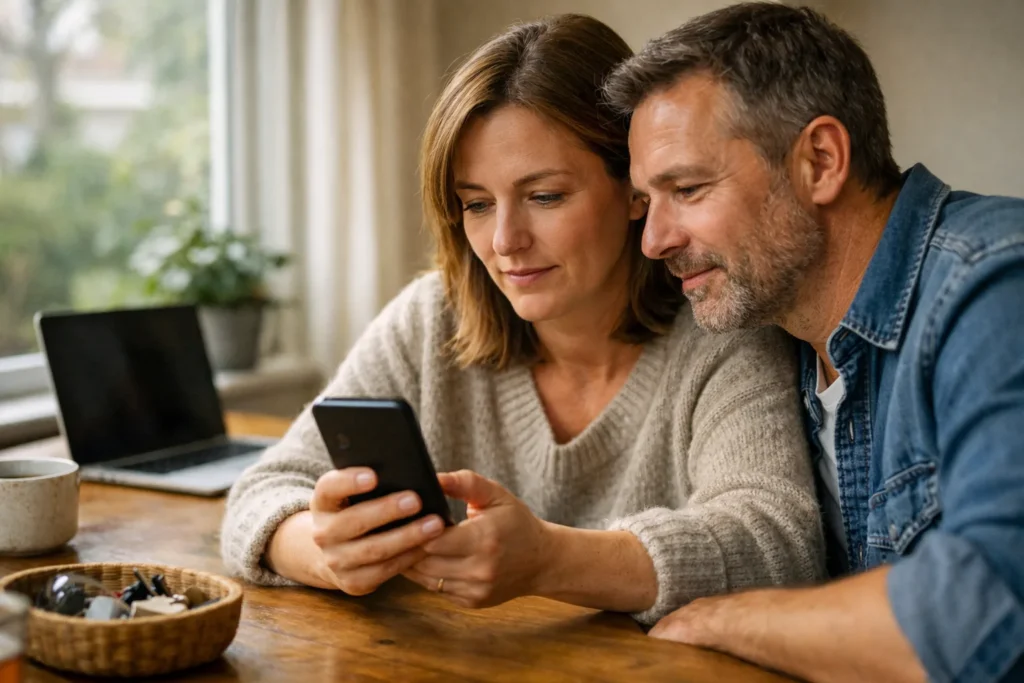 Zwei Menschen betrachten gemeinsam ein Smartphone am Esstisch.