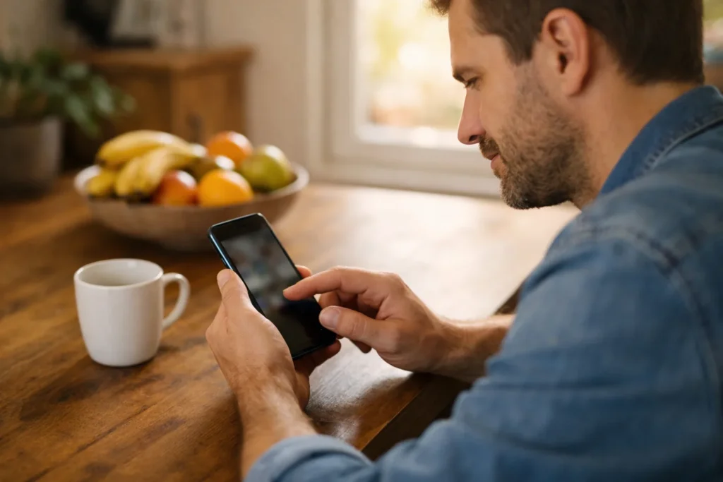 Person sucht am Küchentisch auf einem Smartphone nach einem zuvor gelikten Instagram Beitrag.