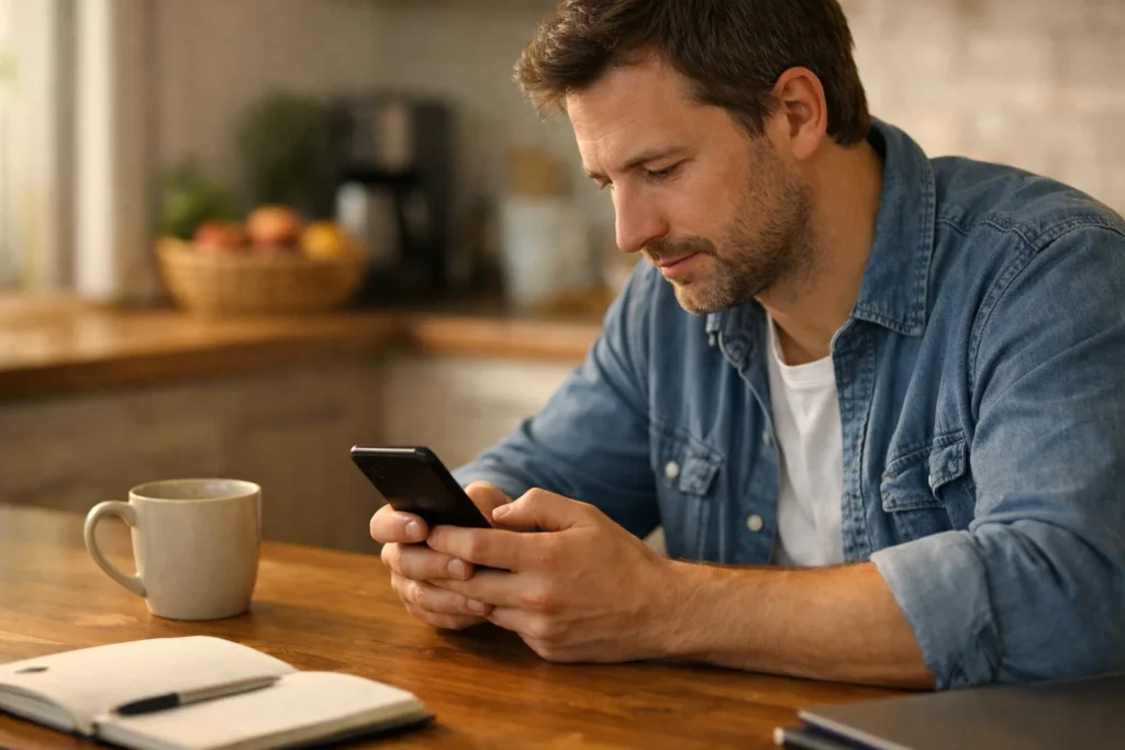 Person sucht zu Hause auf einem Smartphone nach einem gespeicherten TikTok Passwort.