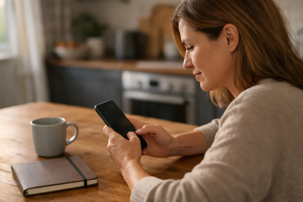 Eine Person betrachtet zu Hause auf einem Smartphone ihre eigenen Videos.