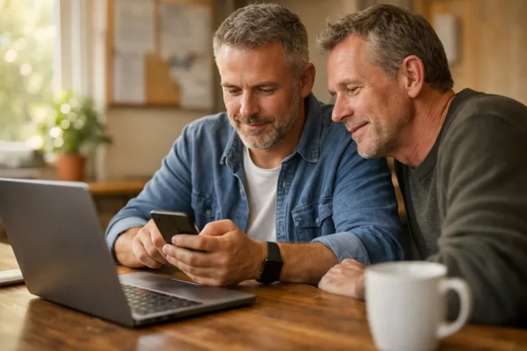 Zwei Menschen an einem Tisch in einem Gemeindezentrum teilen über ein Smartphone einen Seitenlink.