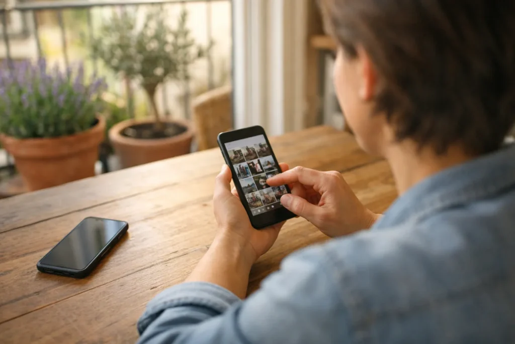 Person am Küchentisch wählt auf einem Telefon ein eigenes Foto aus, um es auch auf Instagram zu posten.