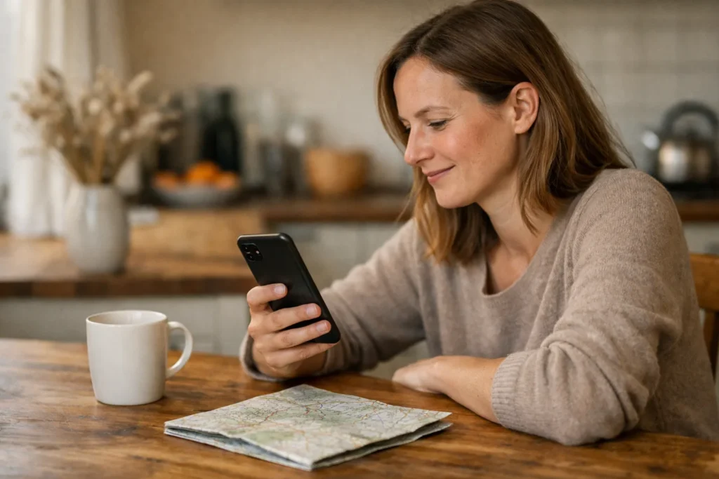 Person am Küchentisch, die ein Video über ein Smartphone teilt