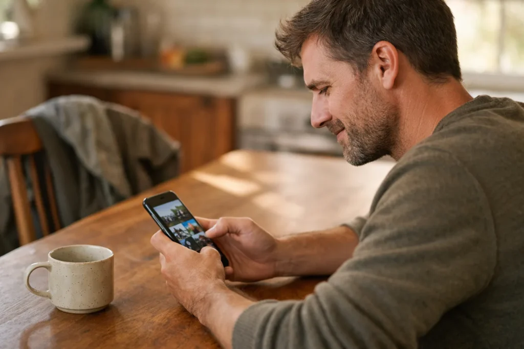 Person am Küchentisch, die auf dem Smartphone ein Foto für eine Facebook Story auswählt.