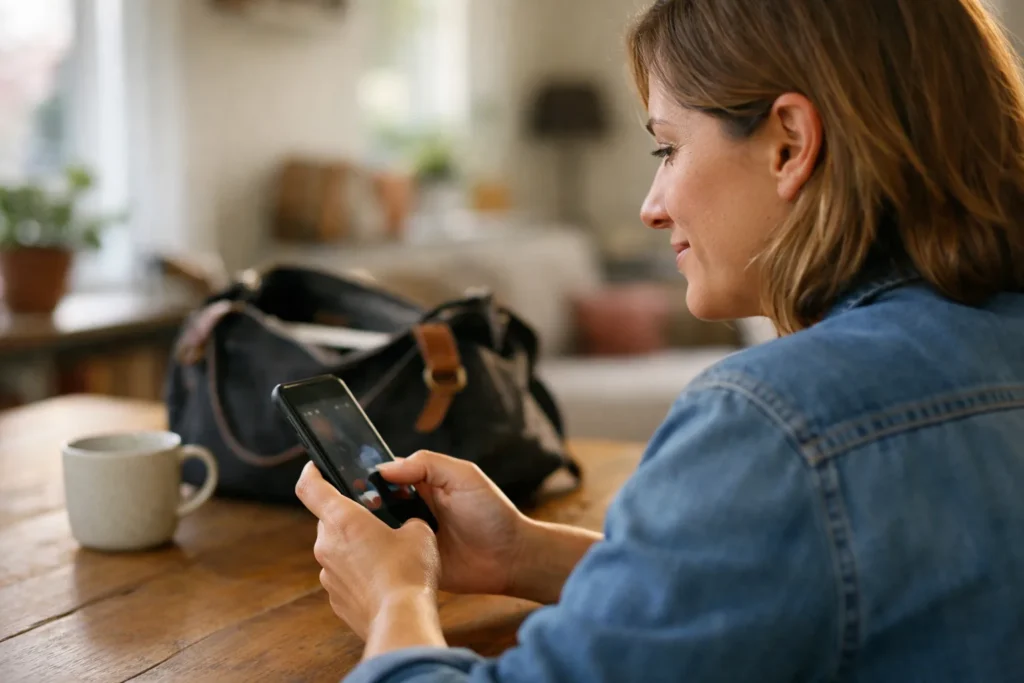 Person am Küchentisch, die ein Video über ein Smartphone weiterleitet.