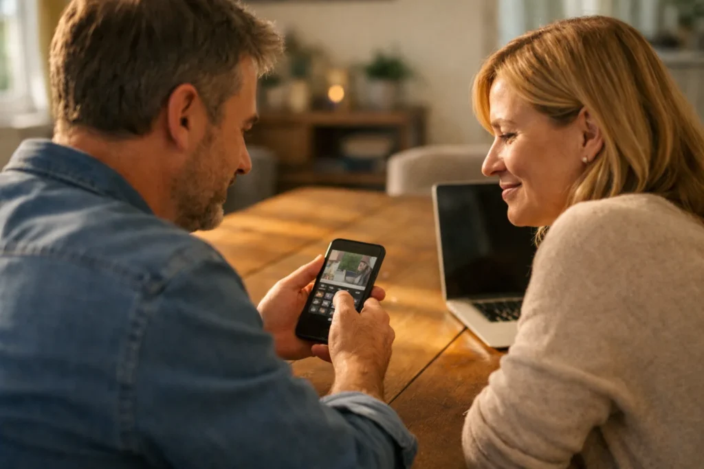 Zwei Personen sehen sich zu Hause ein Video auf einem Handy an, bevor sie es teilen.