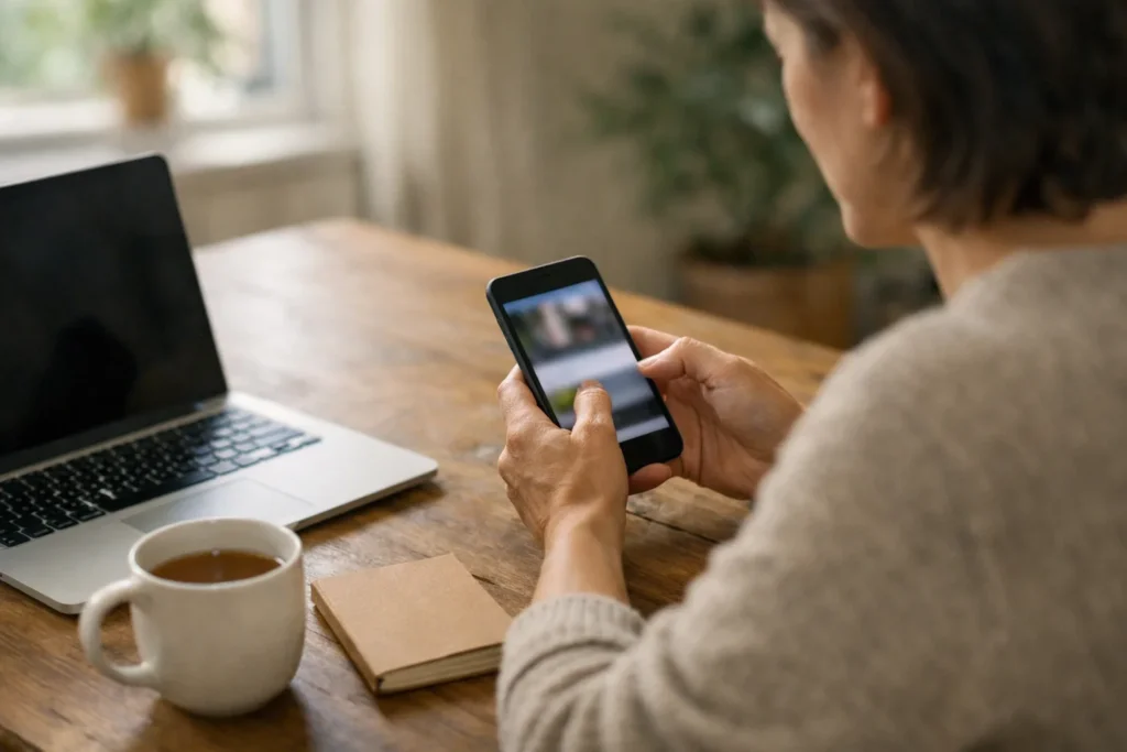 Person am Küchentisch, die auf einem Handy einen Videolink teilt, daneben ein Laptop.