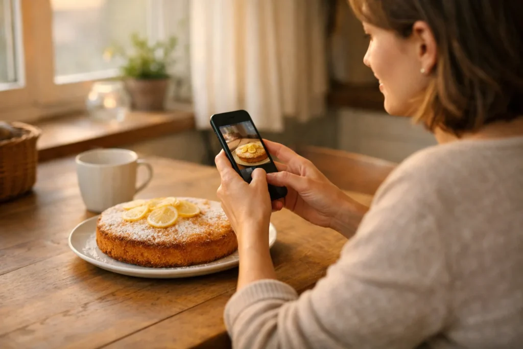 Person verwendet am Küchentisch neben einem selbst gebackenen Zitronenkuchen ein Smartphone.