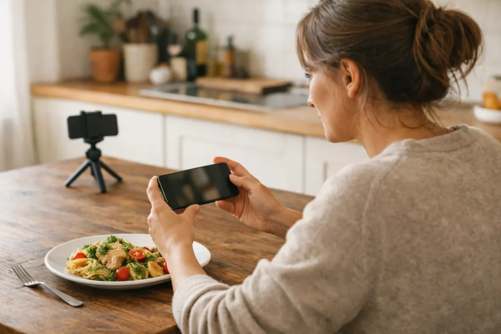 Eine Person betrachtet an einem Küchentisch ein eigenes Kochvideo auf einem Smartphone.