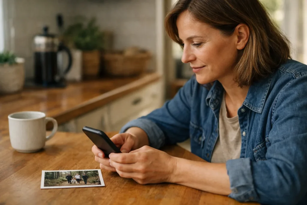 Person verwendet am Küchentisch ein Smartphone, um ein eigenes Foto zu teilen.