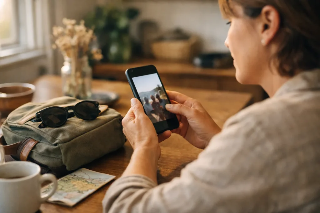 Person am Küchentisch verwendet ein Telefon, um ein eigenes Video zu teilen.