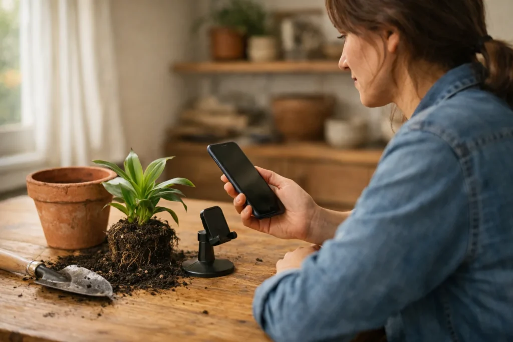 Person betrachtet nach dem Filmen des Umtopfens einer Pflanze ein Smartphone am Küchentisch.