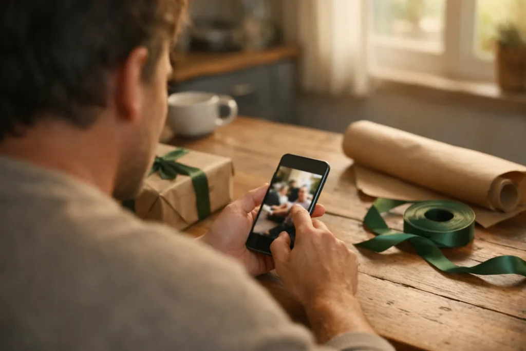 Person betrachtet ein eigenes Video auf einem Smartphone neben einem halb eingepackten Geschenk.