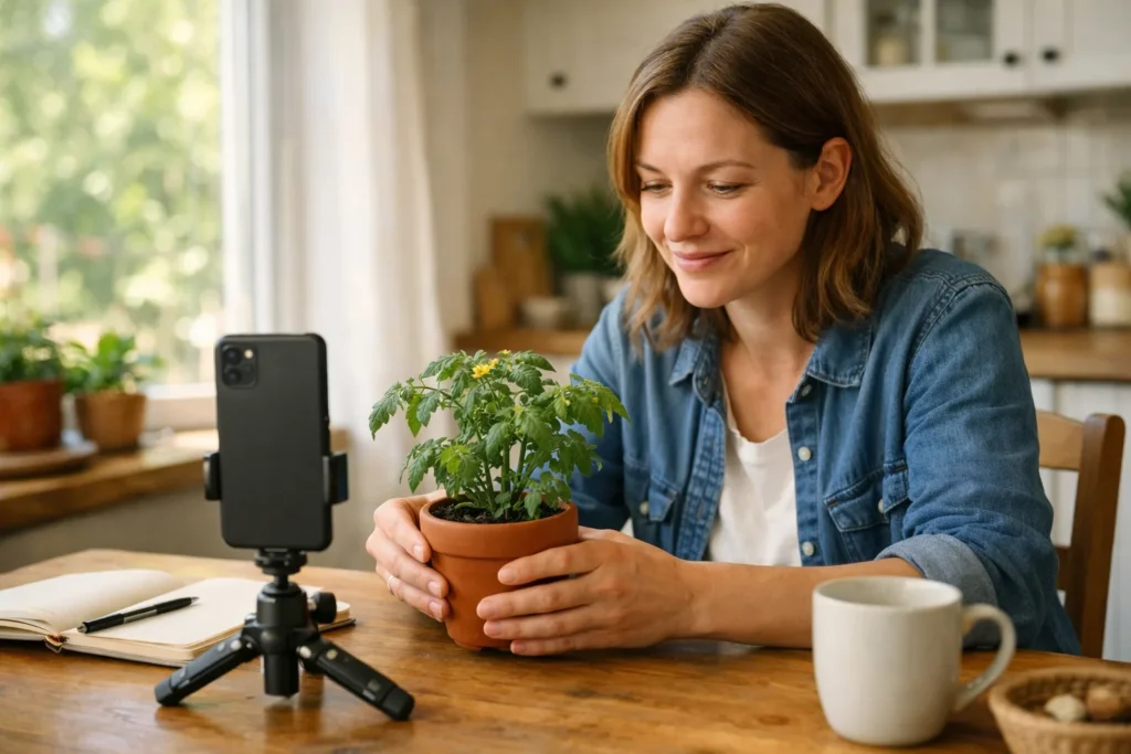 Person bereitet am Küchentisch eine Live Übertragung mit einem Smartphone auf einem Stativ vor.