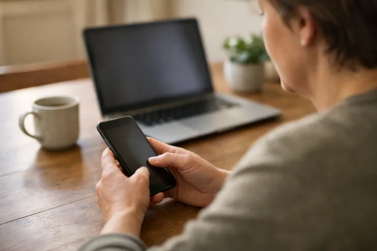 Person betrachtet am Küchentisch ein Smartphone mit einem Laptop daneben.