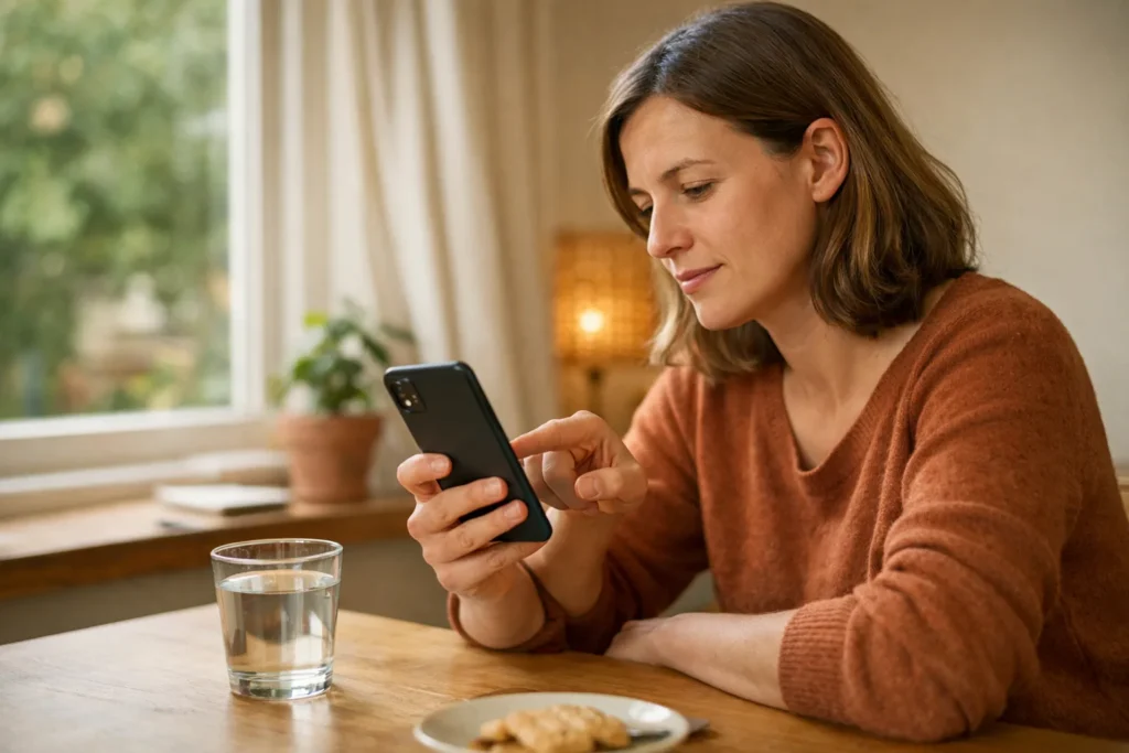 Person an einem Esstisch, die auf einem Smartphone auswählt, welche Videos sie ansehen möchte.