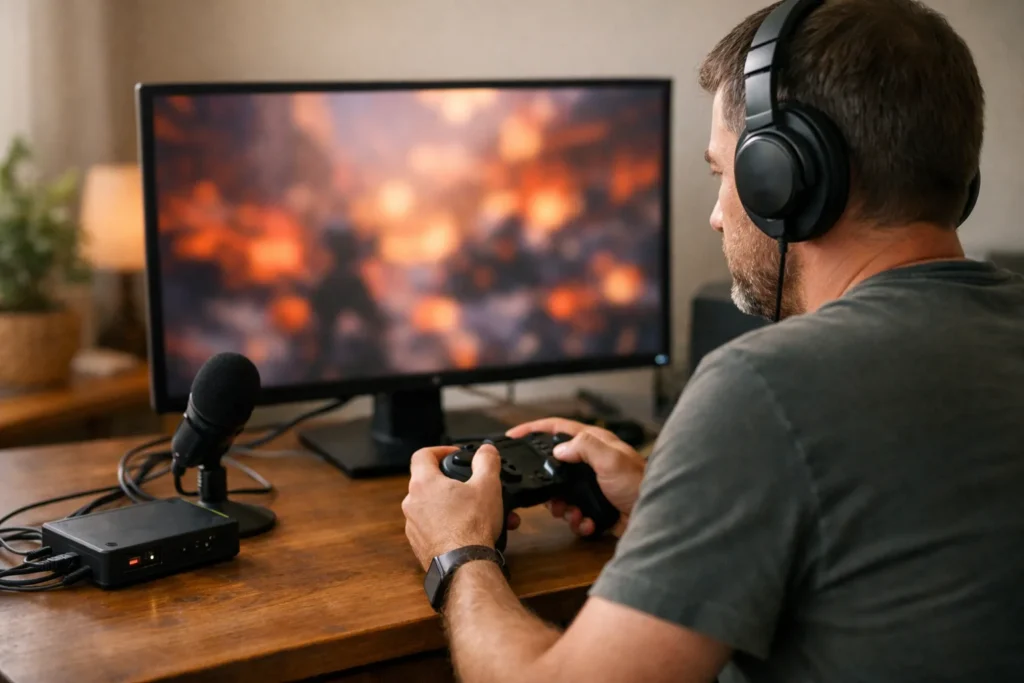 Person spielt zu Hause mit einem Controller, Kopfhörern und einem Mikrofon für eine Live Übertragung.