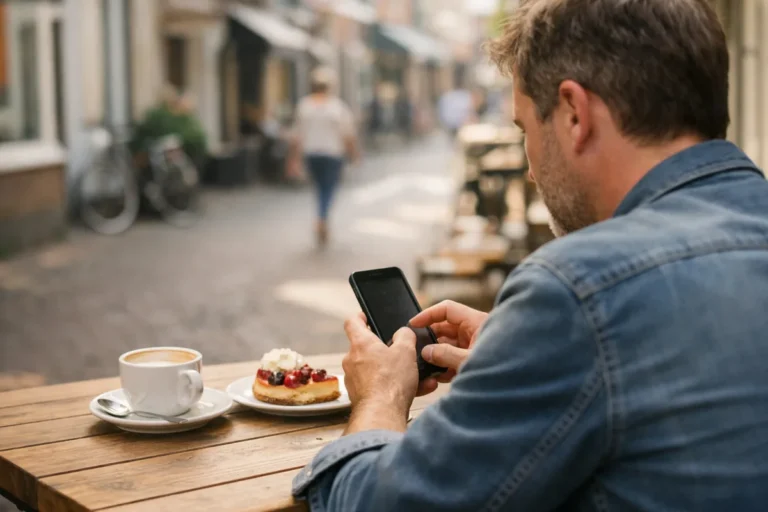 Person blickt an einem Terrassentisch mit Kaffee und Gebäck auf ein Smartphone.