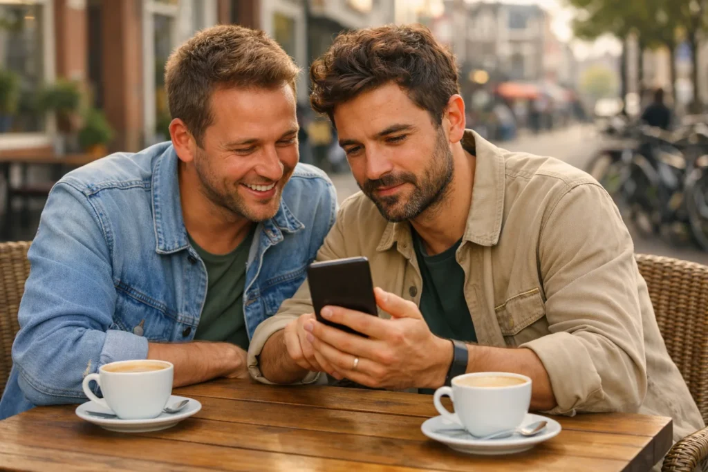 Zwei Freunde betrachten gemeinsam ein Smartphone, bevor sie ein Foto in einer Instagram Story teilen.