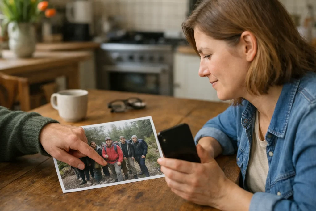 Zwei Menschen betrachten ein Gruppenfoto und ein Telefon, um darauf zu zeigen, wer auf dem Foto zu sehen ist.