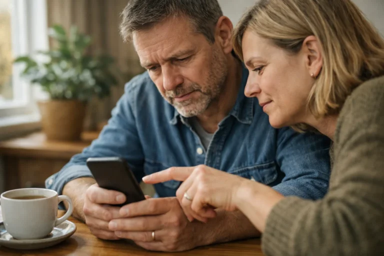 Zwei Menschen überprüfen zu Hause gemeinsam ein Telefon, um einen verdächtigen Facebook Kontakt zu kontrollieren.